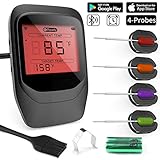 Gifort Digitales Fleischthermometer, Grillthermometer BBQ Thermometermit 4 Sonden, Funk Thermometer Bratenthermometer für Küche, Smoker, Steak, Unterstützt IOS, Android